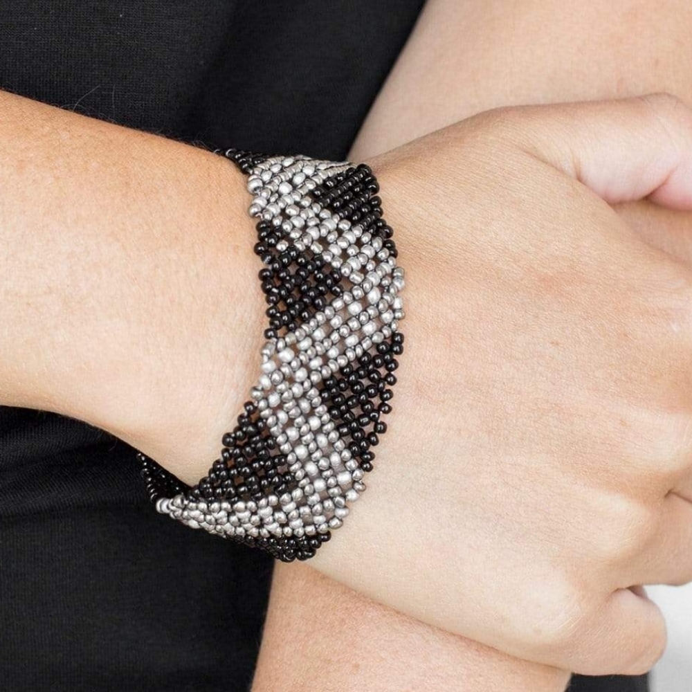 Paparazzi Desert Loom Black, Silver & White Beaded Elastic Bracelet